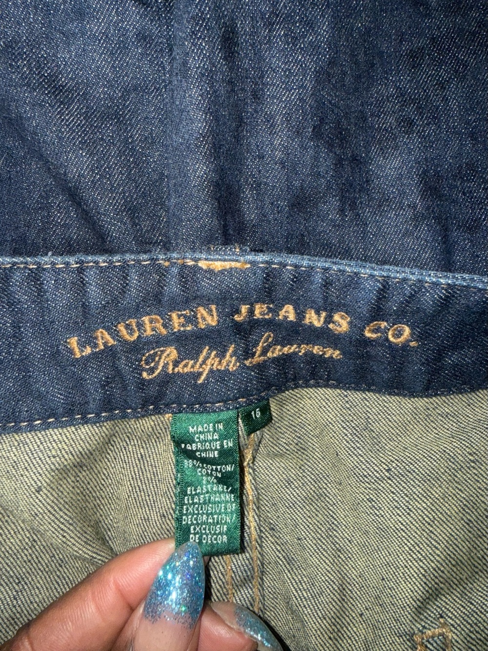 Lauren Ralph Lauren Dark Indigo Wide-Leg Jeans with Gold Stitching - Picture 3 of 5